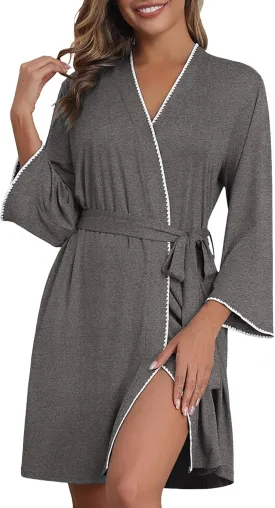 Ekouaer Robes for Women Knee Length Kimono Bathrobe 3/4 Sleeve Sleep Robe Cozy Sleepwear with Pockets S-XXL