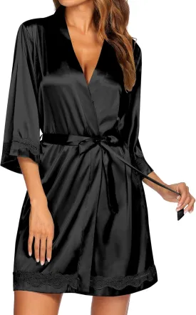 Ekouaer Women's Lace-Trim Silk Robes Bride Bridesmaid Kimono Satin Bathrobe V Neck Sleepwear with 3/4 Sleeve