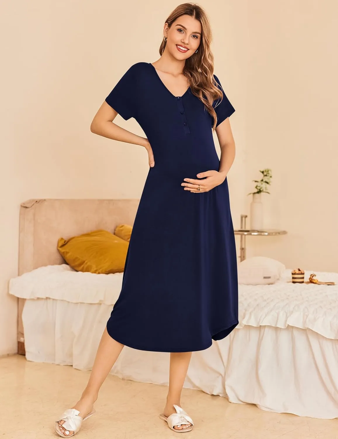 Ekouaer Womens Maternity Nightgown for Hospital Pregnancy Long Nightgowns Nursing Night Gown for Breastfeeding