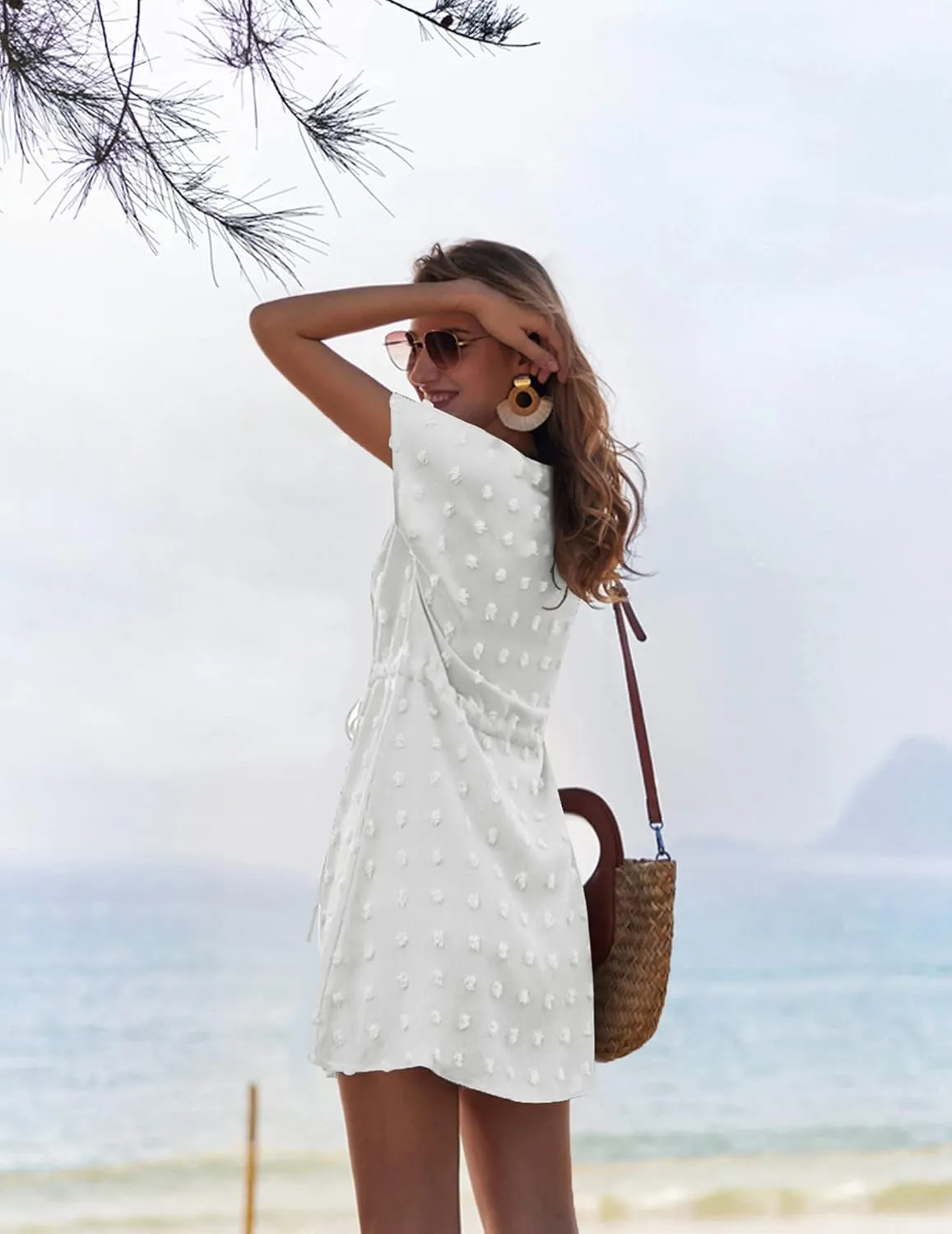 Ekouaer Womens Swimsuit Cover Up Swiss Dots Chiffon Bikini Beachwear Flowy Pom Pom Coverups