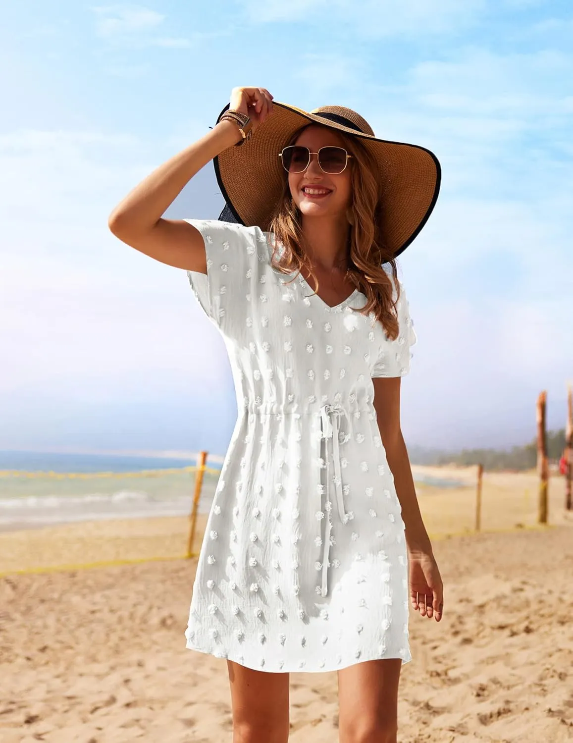Ekouaer Womens Swimsuit Cover Up Swiss Dots Chiffon Bikini Beachwear Flowy Pom Pom Coverups