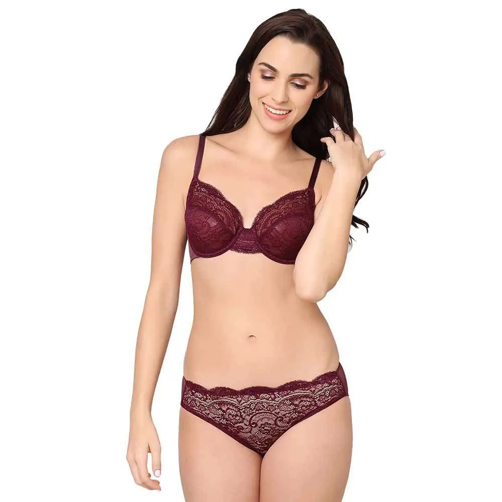 Essential Lace Low Waist Low Coverage Bridal Wear Lace Bikini Panty - Wine