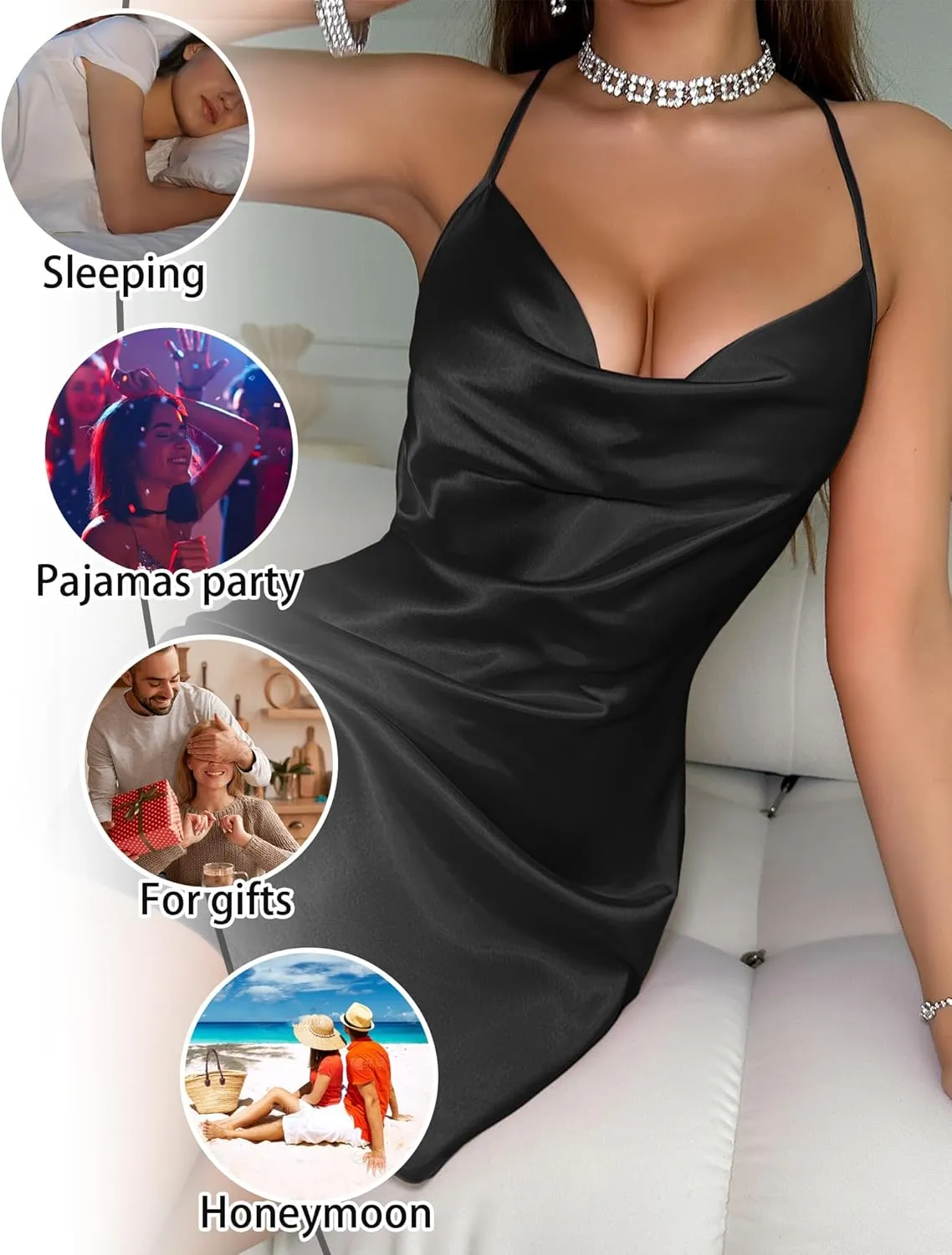 FEOYA Women Sexy Low Cut Cowl Neck Nightgown Criss Cross Back Sleeveless Satin Silky Full Slips Sleepdress Cocktail Dress