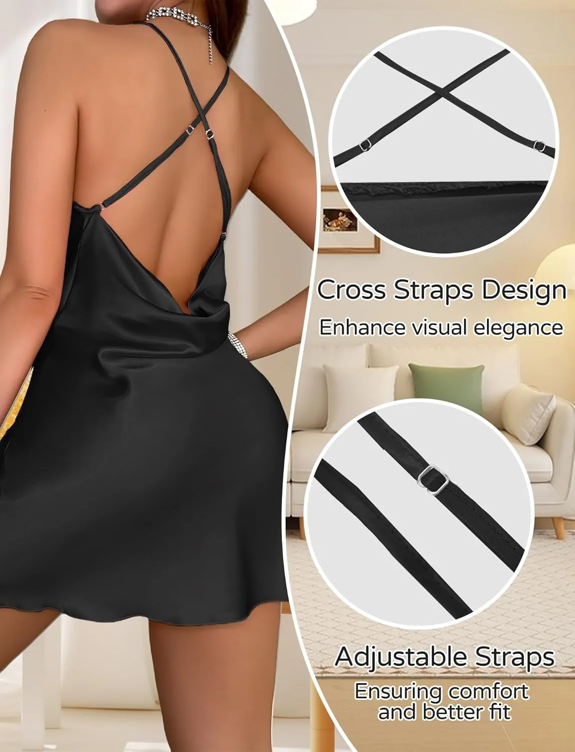 FEOYA Women Sexy Low Cut Cowl Neck Nightgown Criss Cross Back Sleeveless Satin Silky Full Slips Sleepdress Cocktail Dress
