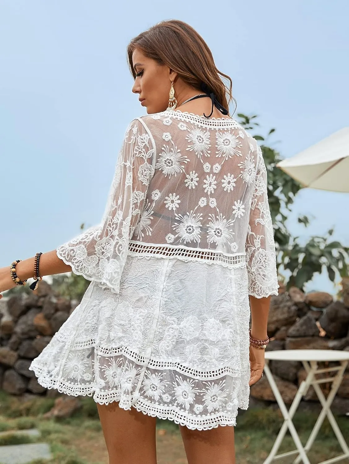 Floerns Women's Contrast Lace Plunging V Neck Bikini Cover Up Beach Dress Bathing Suit