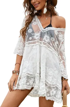 Floerns Women's Contrast Lace Plunging V Neck Bikini Cover Up Beach Dress Bathing Suit