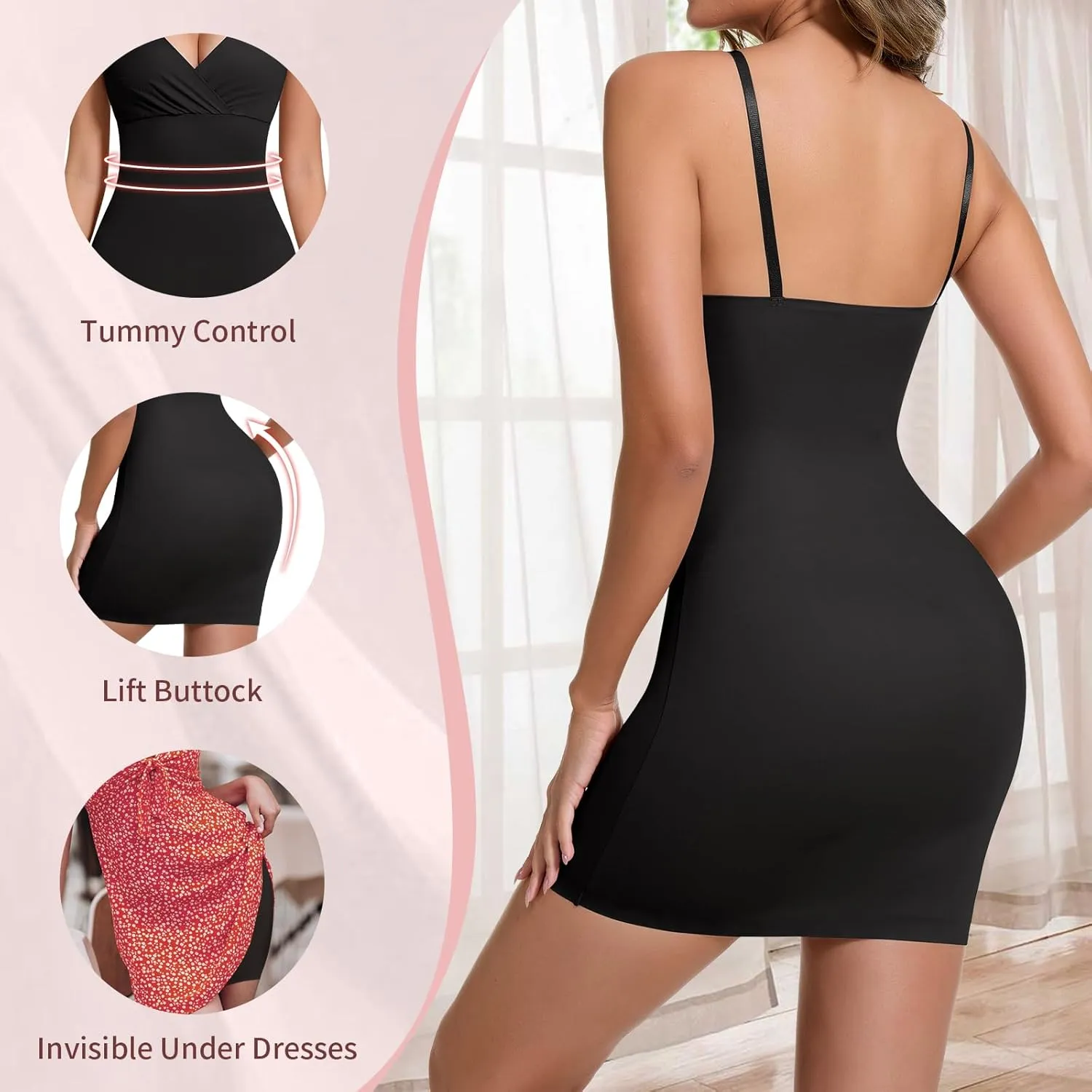 Full Slip Dress With Spaghetti Straps for Women Tummy Control Body Shaper Shapewear Slips for Under Dresses