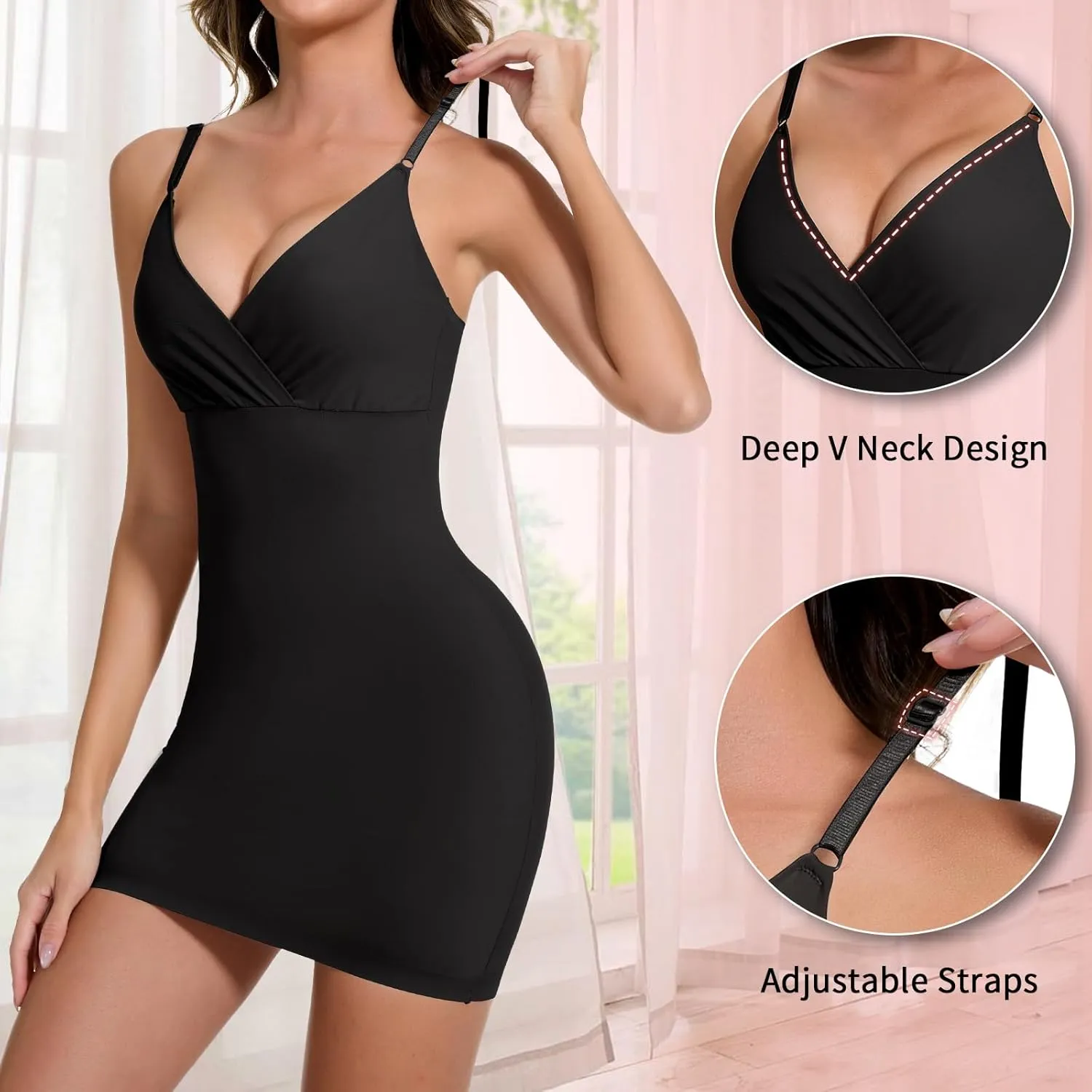 Full Slip Dress With Spaghetti Straps for Women Tummy Control Body Shaper Shapewear Slips for Under Dresses
