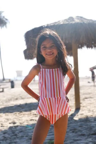 Girls One Piece Swimsuit - Elle Swimsuit in Sunset Stripe - Red/White/Orange
