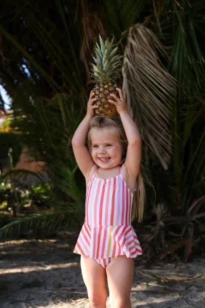 Girls One Piece Swimsuit - Elle Swimsuit in Sunset Stripe - Red/White/Orange