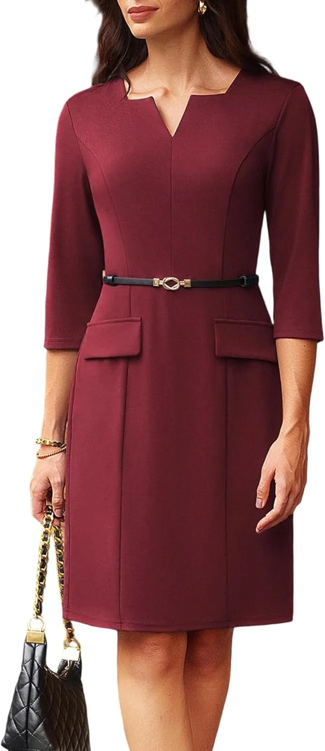 GRACE KARIN 2025 Women's 3/4 Sleeve Business Work Dress V Neck Bodycon Sheath Dress with Belt