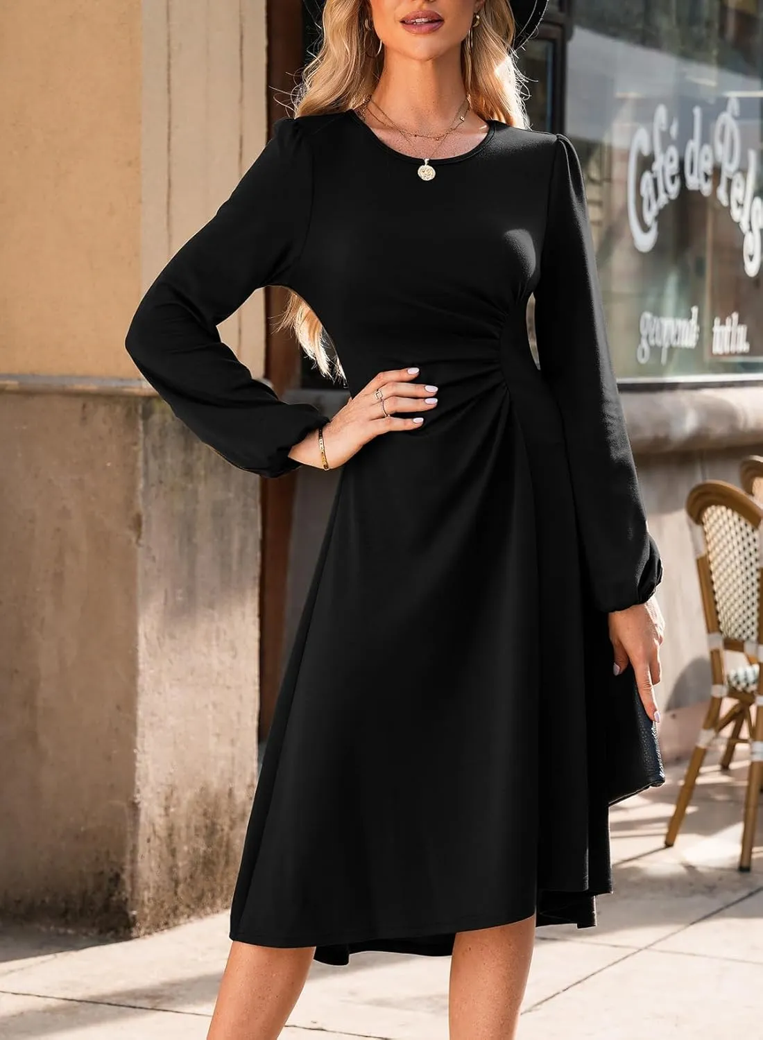 Happy Sailed Women's Long Sleeve Ruched Waist Flowy A Line High Low Midi Cocktail Party Dress