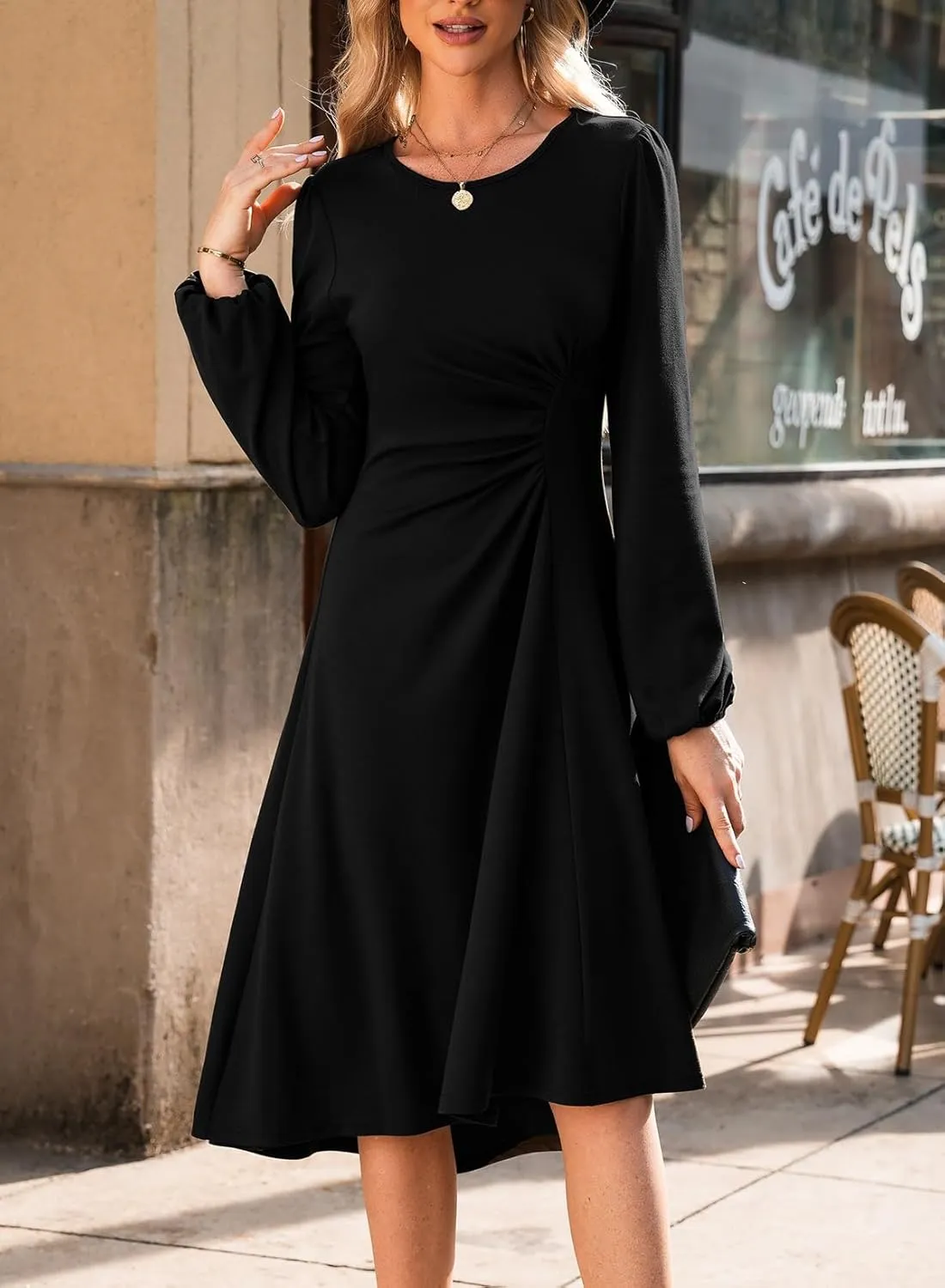 Happy Sailed Women's Long Sleeve Ruched Waist Flowy A Line High Low Midi Cocktail Party Dress
