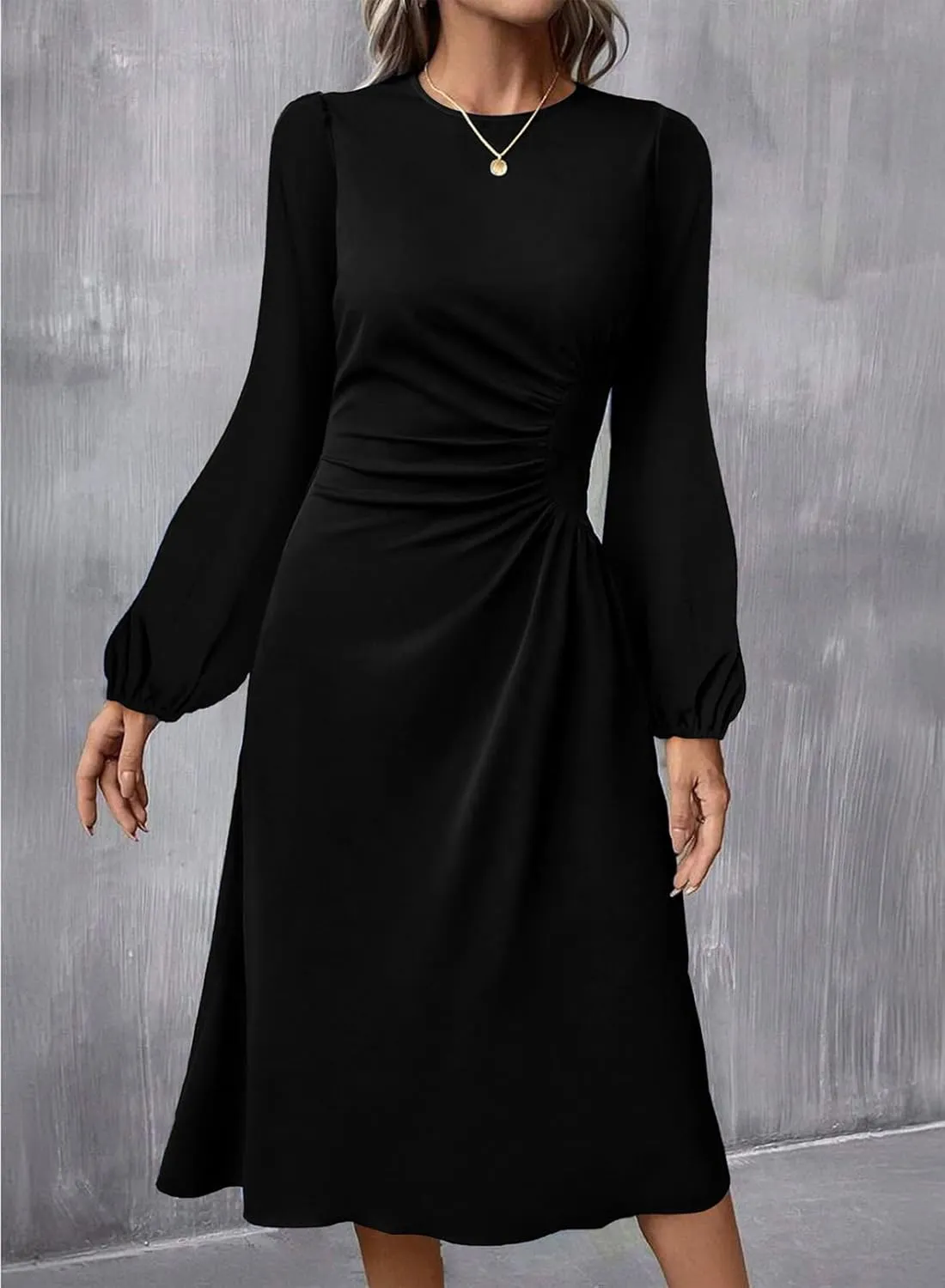 Happy Sailed Women's Long Sleeve Ruched Waist Flowy A Line High Low Midi Cocktail Party Dress