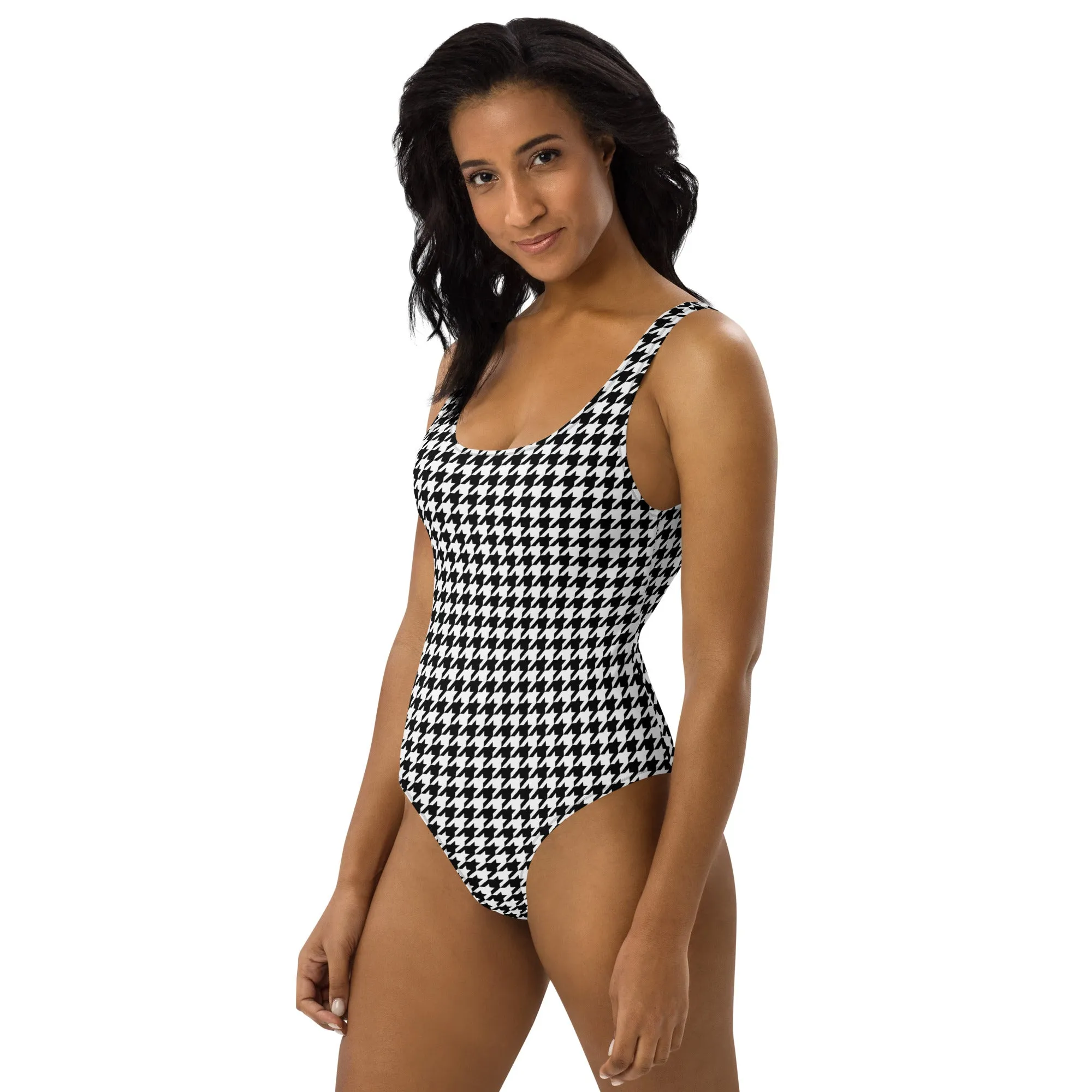 Houndstooth One Piece Swimsuit for Women, Black White Cute Designer Swim Swimming Bathing Suits Body Ladies Swimwear