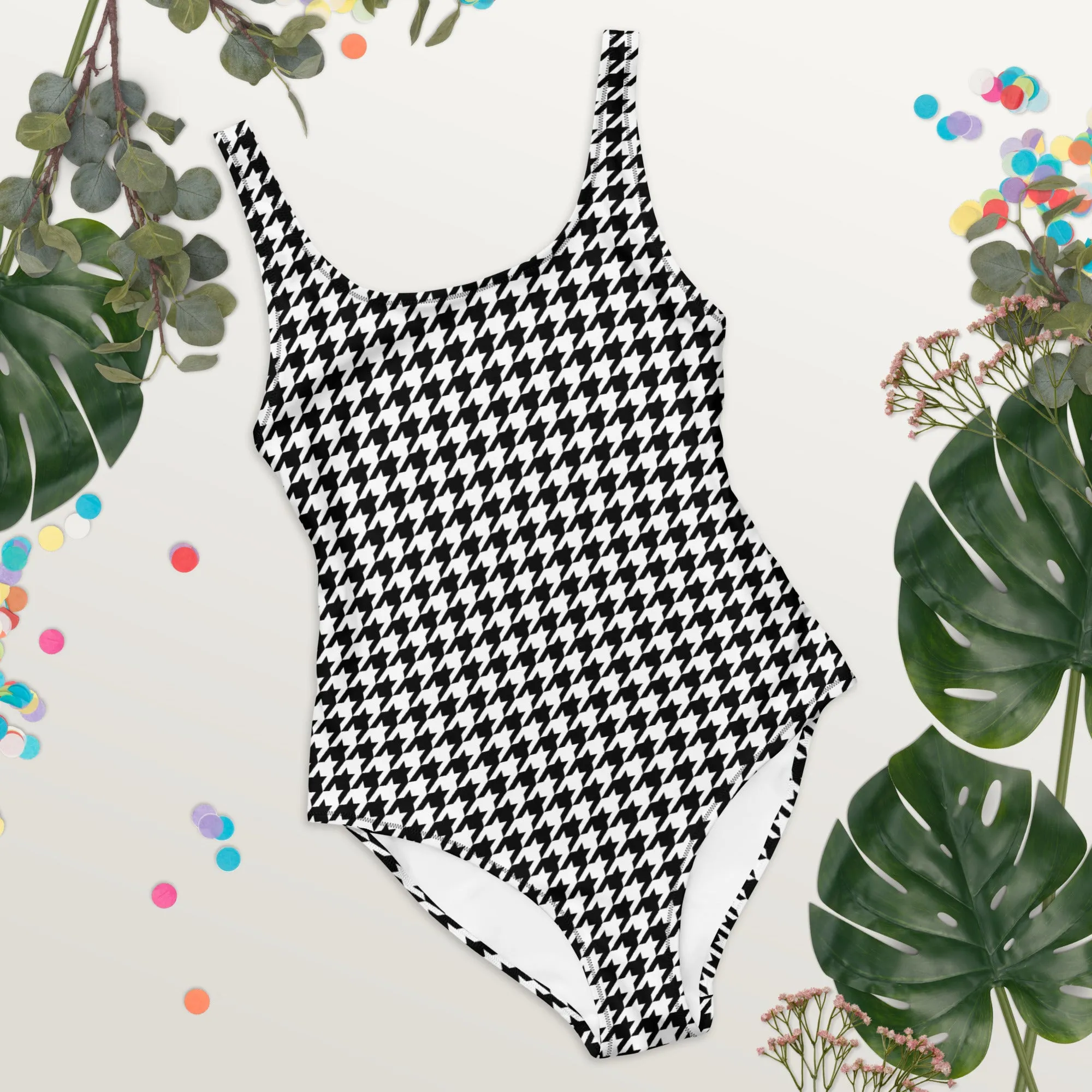 Houndstooth One Piece Swimsuit for Women, Black White Cute Designer Swim Swimming Bathing Suits Body Ladies Swimwear