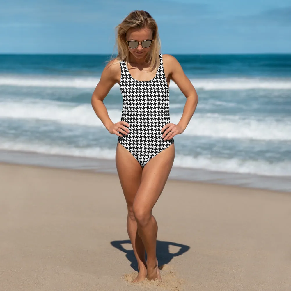 Houndstooth One Piece Swimsuit for Women, Black White Cute Designer Swim Swimming Bathing Suits Body Ladies Swimwear