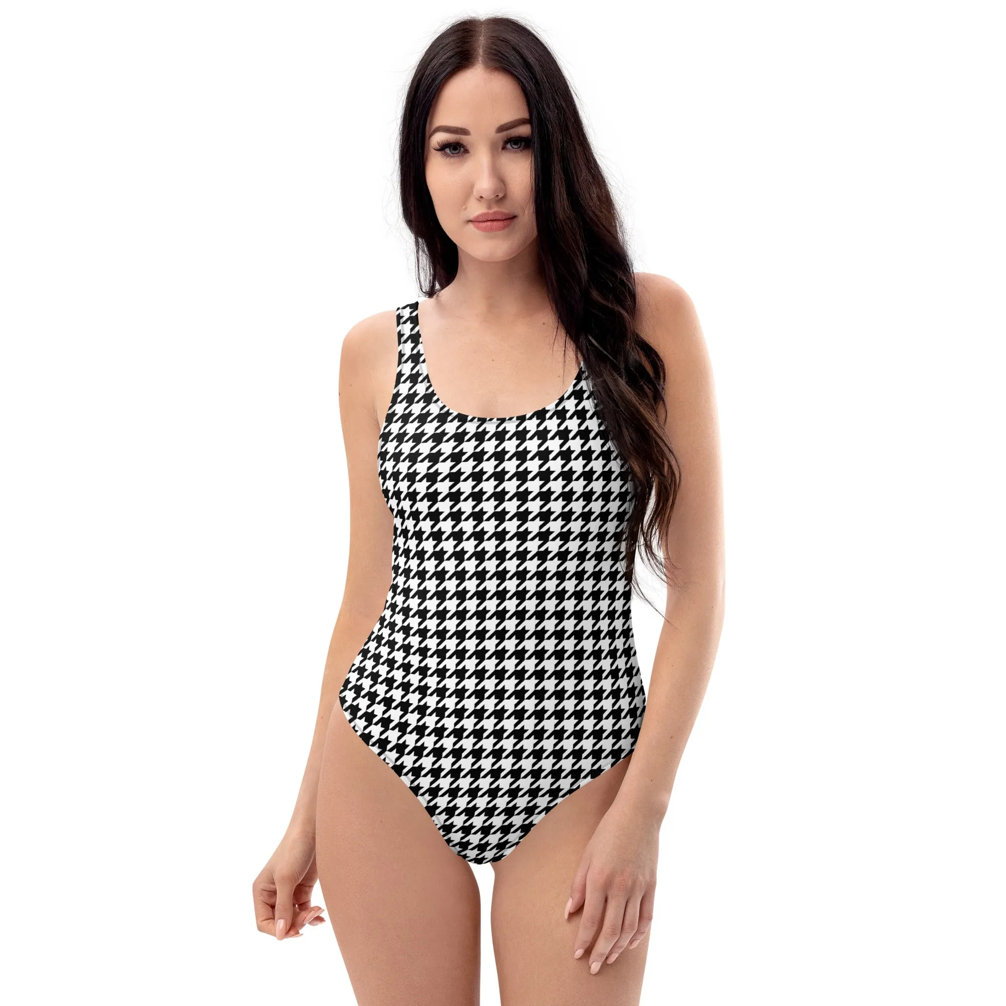 Houndstooth One Piece Swimsuit for Women, Black White Cute Designer Swim Swimming Bathing Suits Body Ladies Swimwear