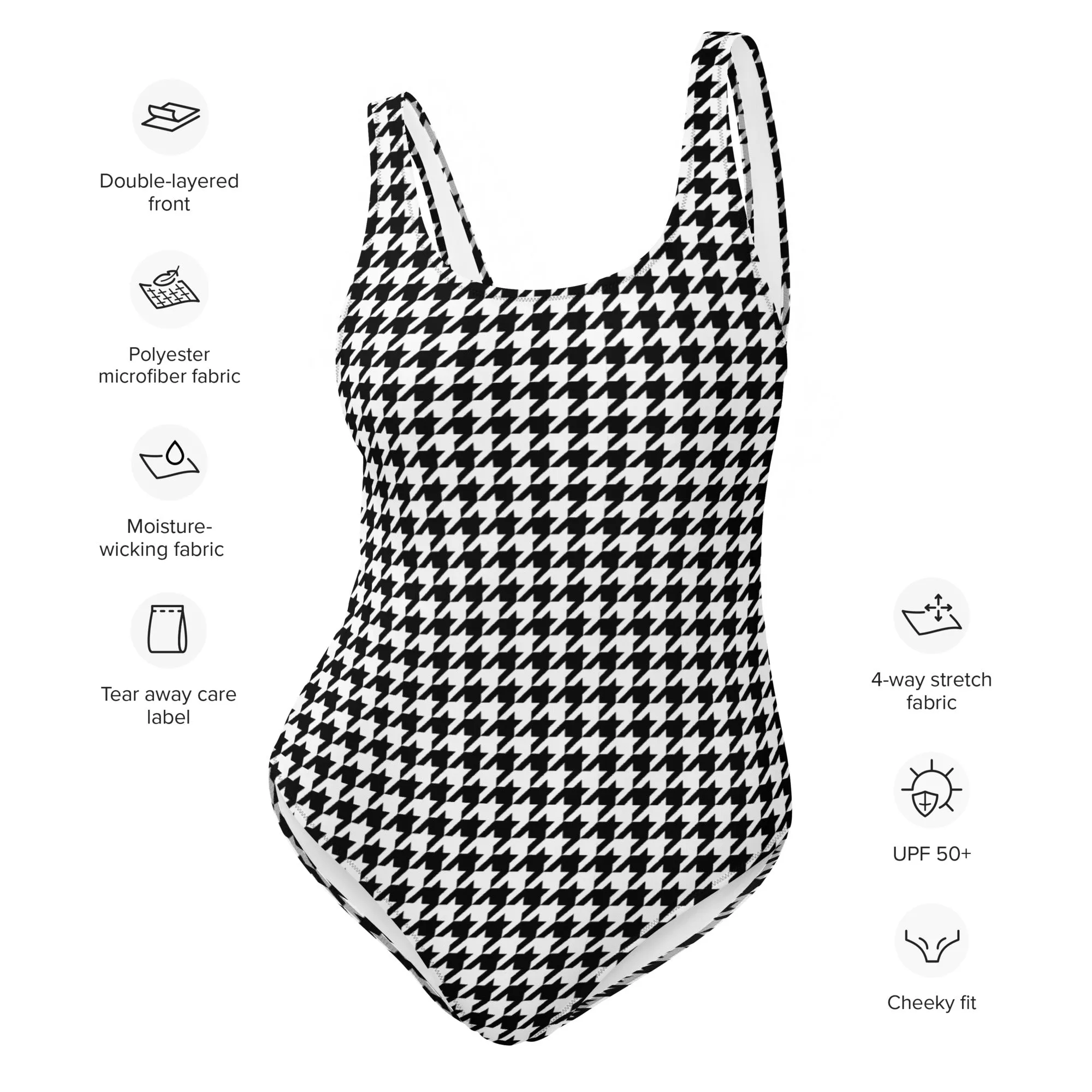 Houndstooth One Piece Swimsuit for Women, Black White Cute Designer Swim Swimming Bathing Suits Body Ladies Swimwear