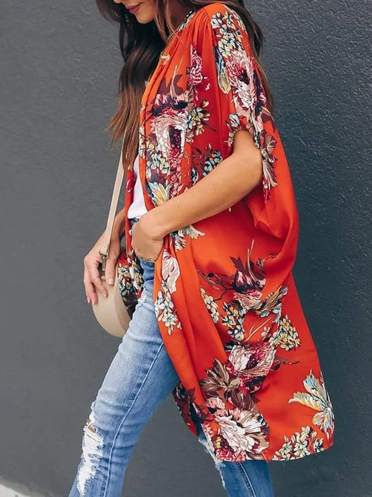 Ivay Womens Floral Kimono Duster Cardigans Short Sleeve Draped Oversized Beach Cover Up Cape