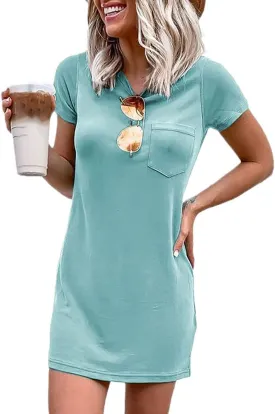 Ladiyo Women T Shirt Dress Summer Fashion Mini Dress Crew Neck Short Sleeve Dress Solid Color Casual Dress with Pocket