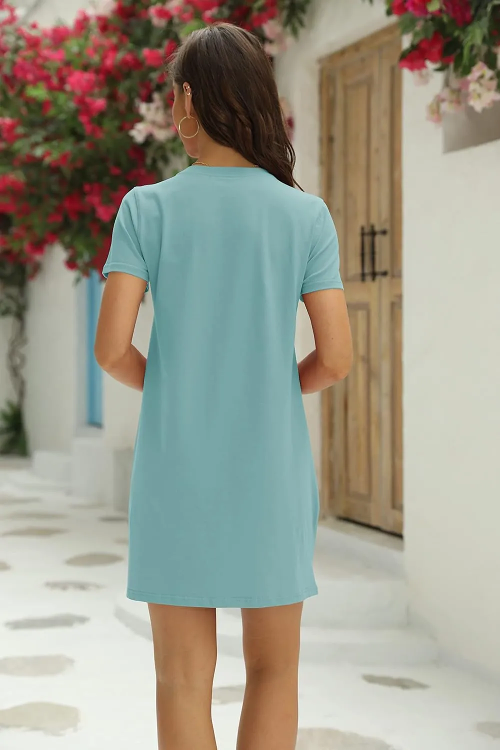 Ladiyo Women T Shirt Dress Summer Fashion Mini Dress Crew Neck Short Sleeve Dress Solid Color Casual Dress with Pocket