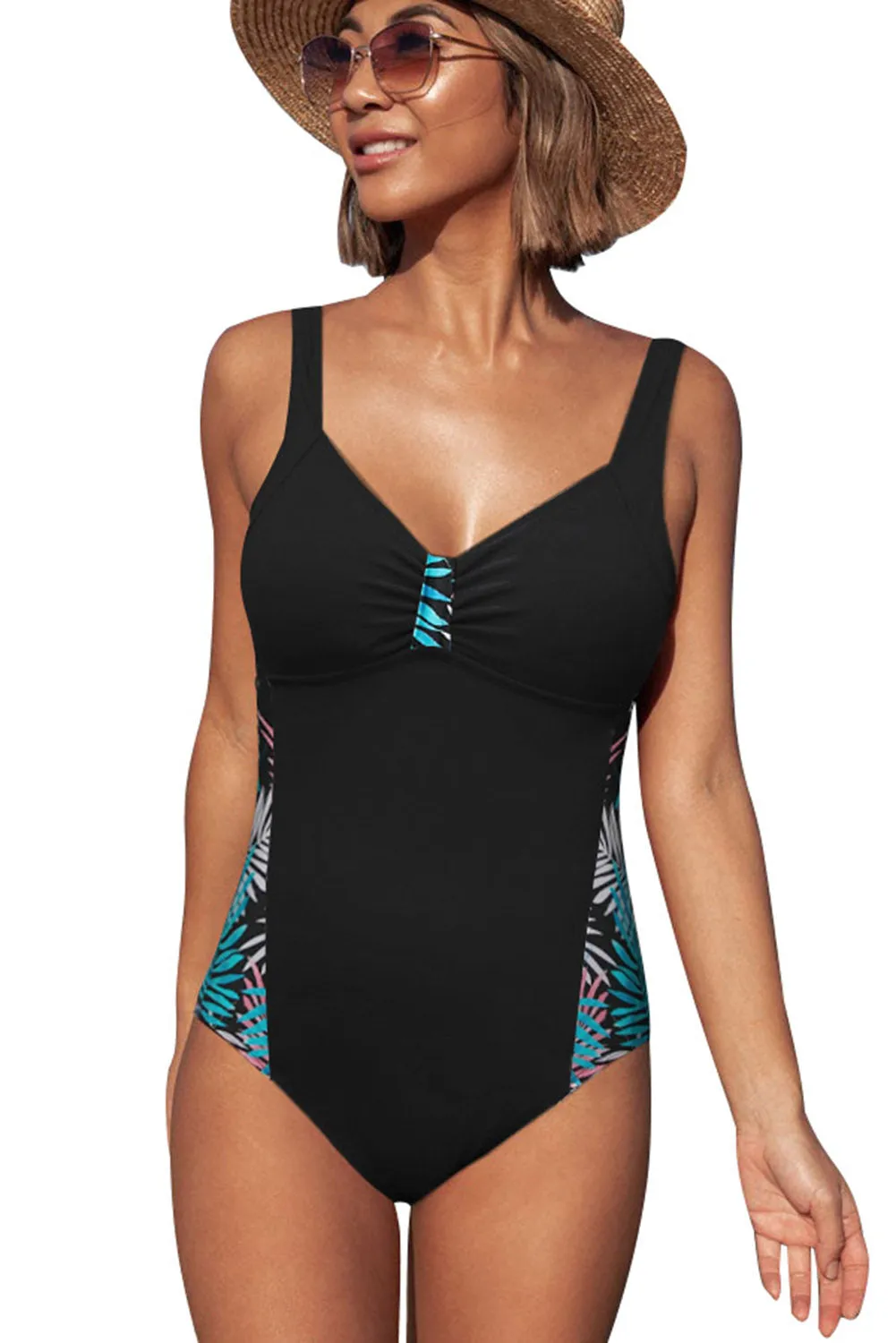 Leaves Splicing Ruched Front Open Back One-piece Swimsuit