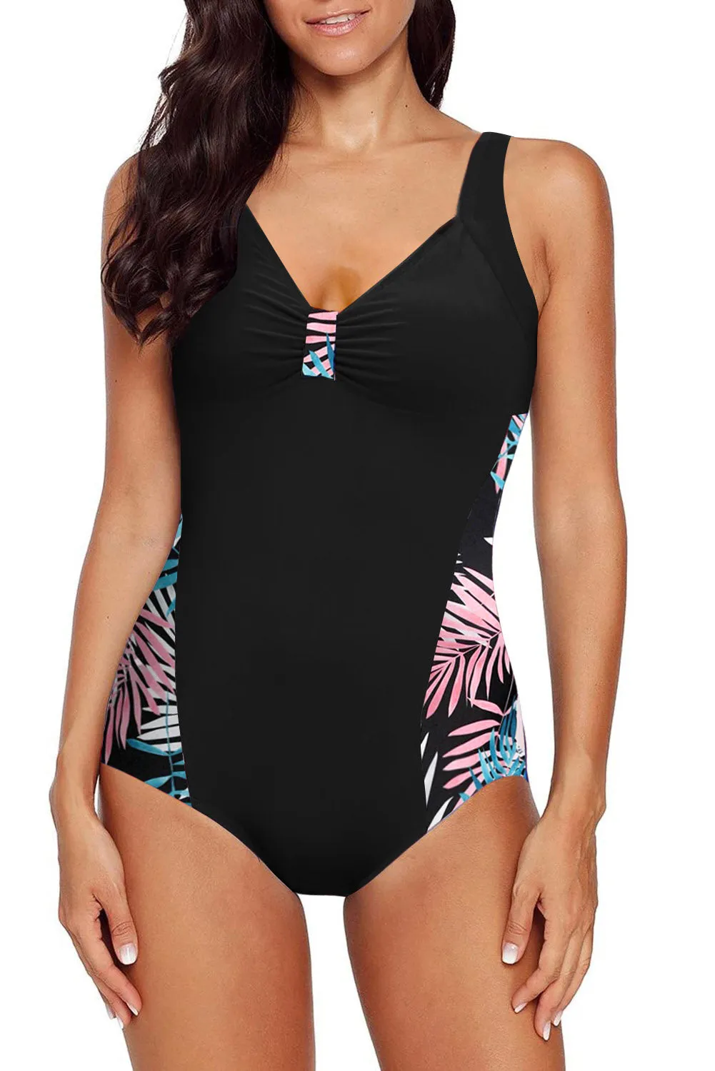 Leaves Splicing Ruched Front Open Back One-piece Swimsuit