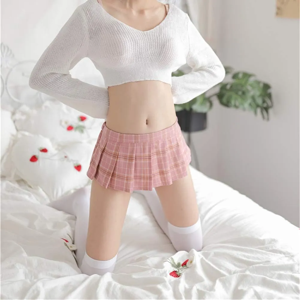LICHMA Women Sexy Skirt Super Mini Pleated Plaid Role Play Schoolgirls Short Skirt Lingerie