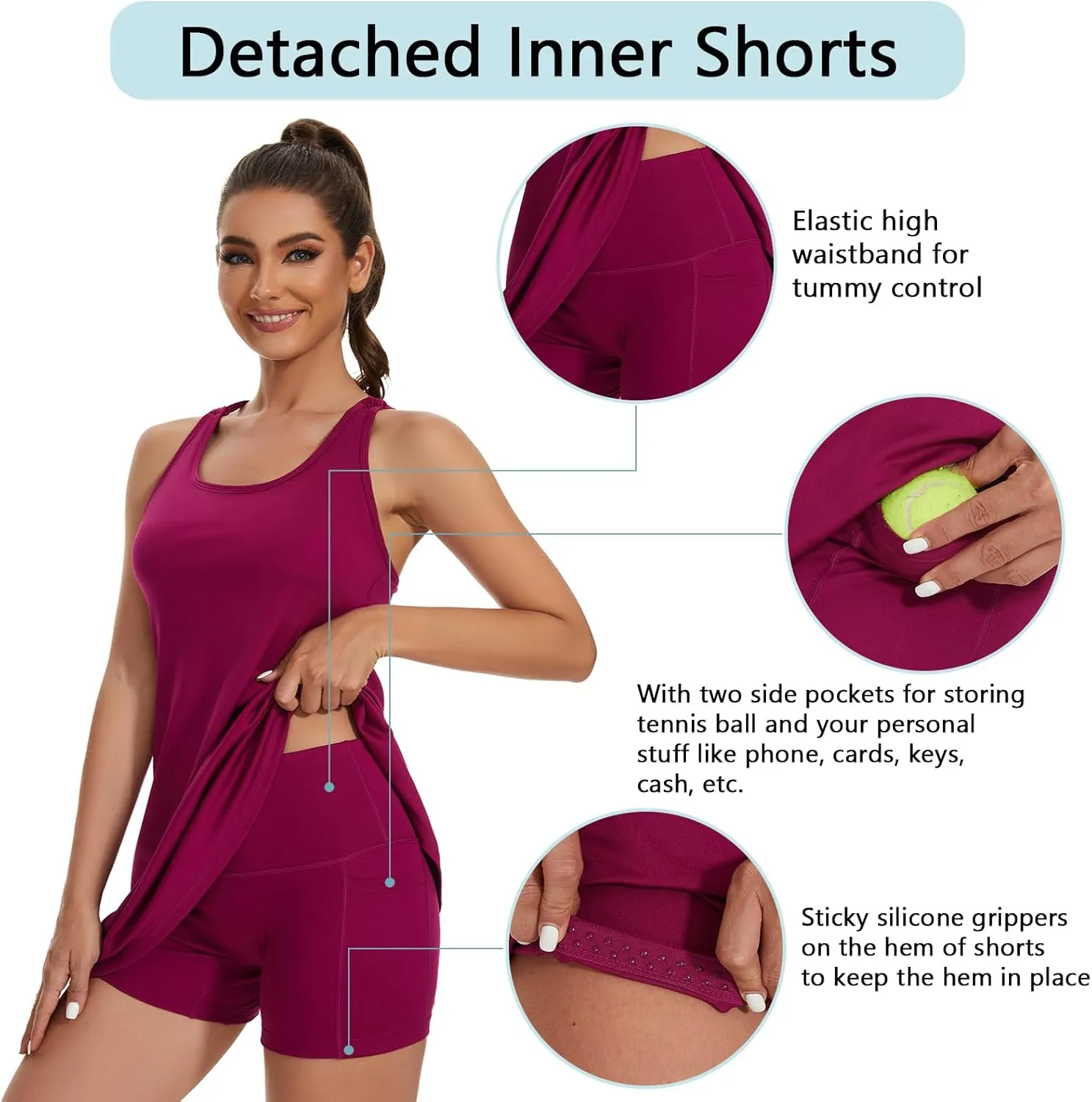 Lightbare Womens Tennis Dress with Built-in Bra & Detachable Shorts Adjustable Straps UPF 50  Quick Dry