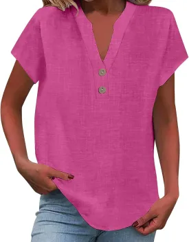 Linen Shirt for Women 2025 Short Sleeve Button Down V Neck Vacation Boho Tops Lightweight Loose Summer Tunic Blouses