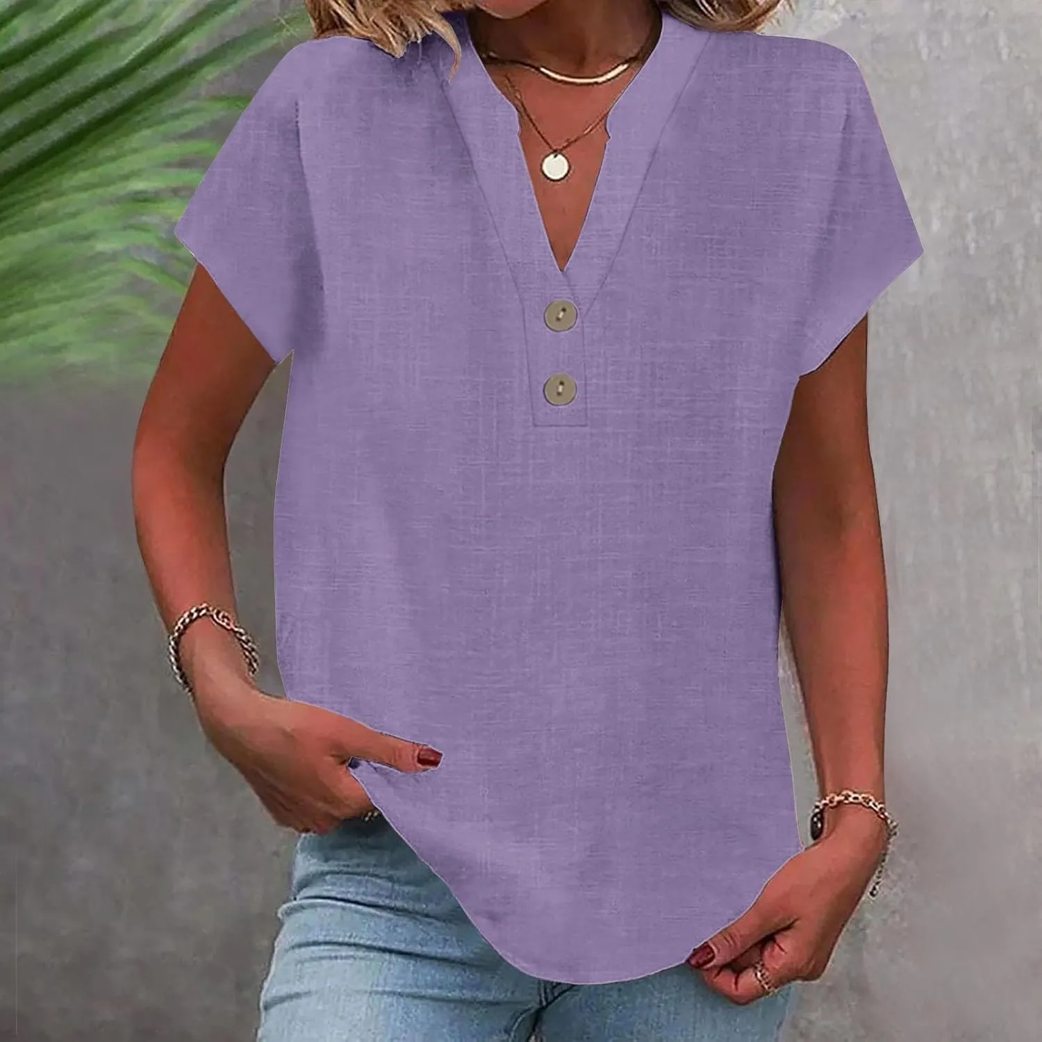 Linen Shirt for Women 2025 Short Sleeve Button Down V Neck Vacation Boho Tops Lightweight Loose Summer Tunic Blouses