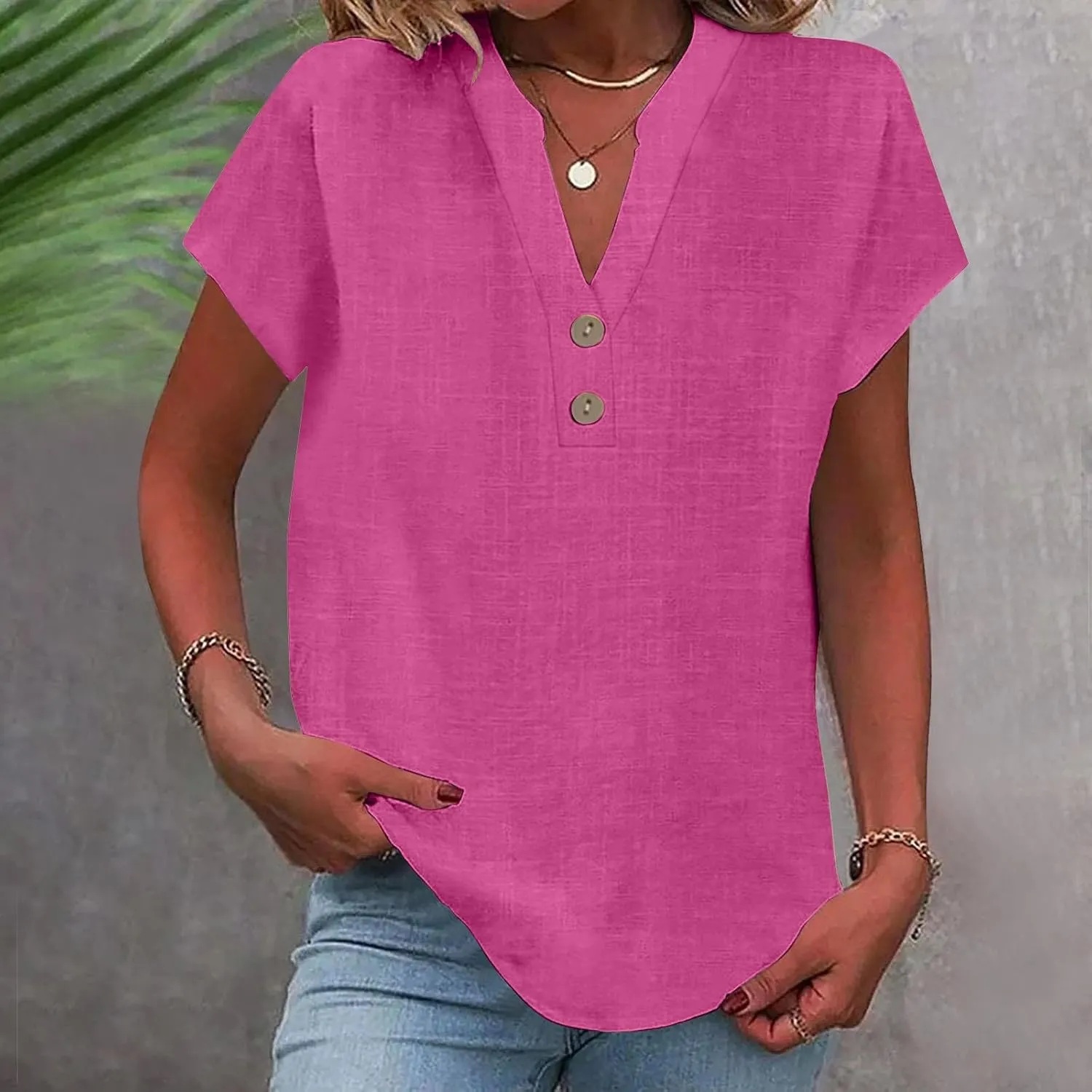 Linen Shirt for Women 2025 Short Sleeve Button Down V Neck Vacation Boho Tops Lightweight Loose Summer Tunic Blouses