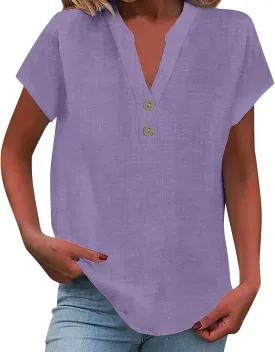 Linen Shirt for Women 2025 Short Sleeve Button Down V Neck Vacation Boho Tops Lightweight Loose Summer Tunic Blouses