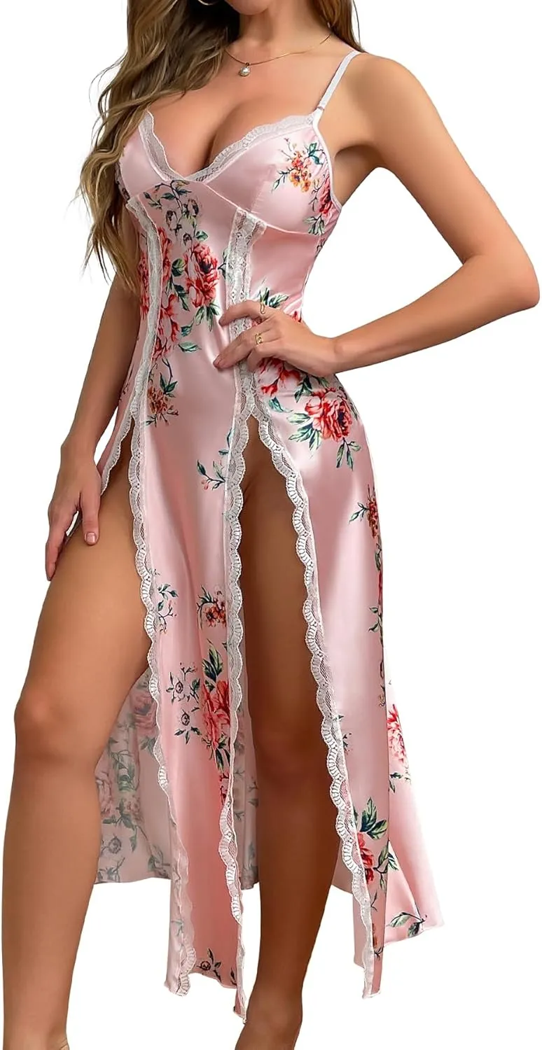 Lingerie Dress for Women V Neck Long Sexy Nightgowns for Women Side Split Sexy Night Gowns S-XXL