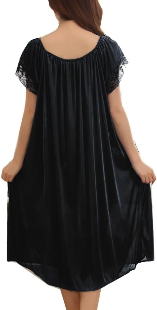 LJYH Women's Solid Short Sleeve Silky Long Nightgown Sleepwear Dress