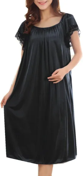 LJYH Women's Solid Short Sleeve Silky Long Nightgown Sleepwear Dress