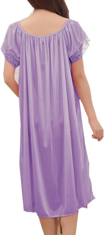 LJYH Women's Solid Short Sleeve Silky Long Nightgown Sleepwear Dress
