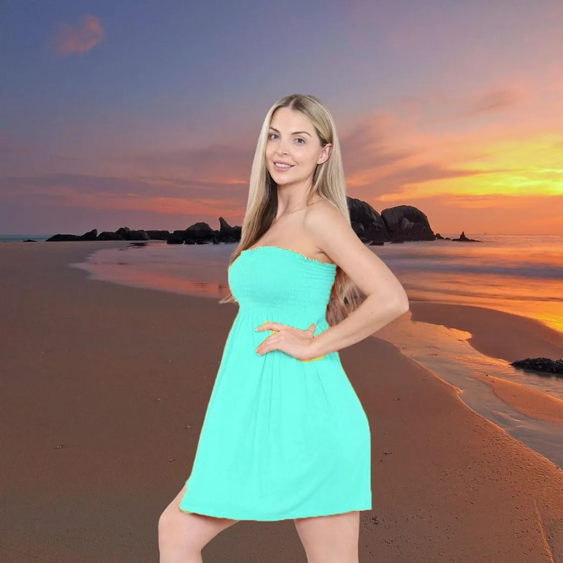 Loxdonz Women's Sun Strapless Tube Short Dress Summer Dresses Casual Mini Beach Cover Up