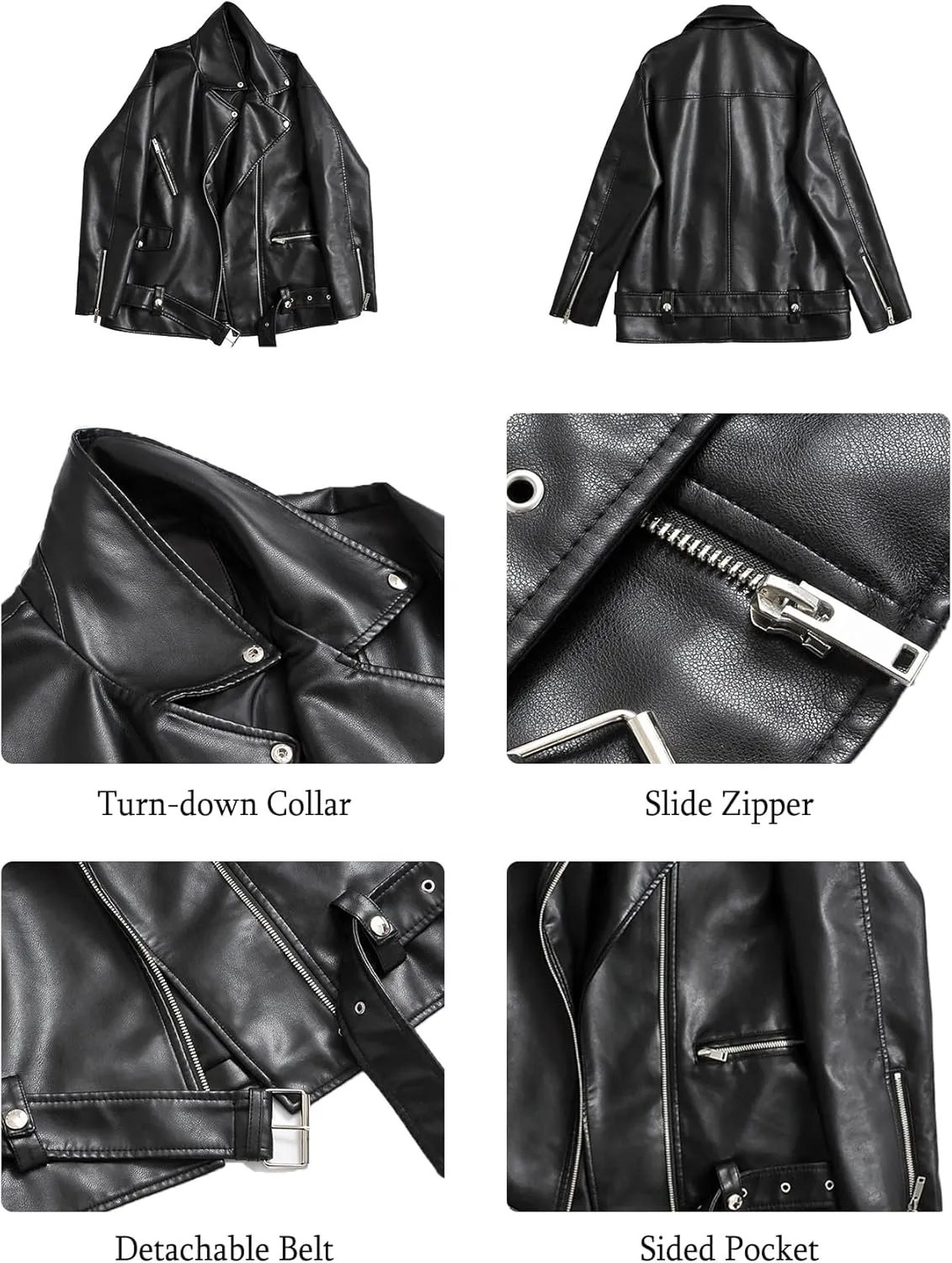 LY VAREY LIN Women Faux Leather Jacket Lapel Collar Motorcycle Zip Up Long Sleeve Motor Biker Short Coat Jacket