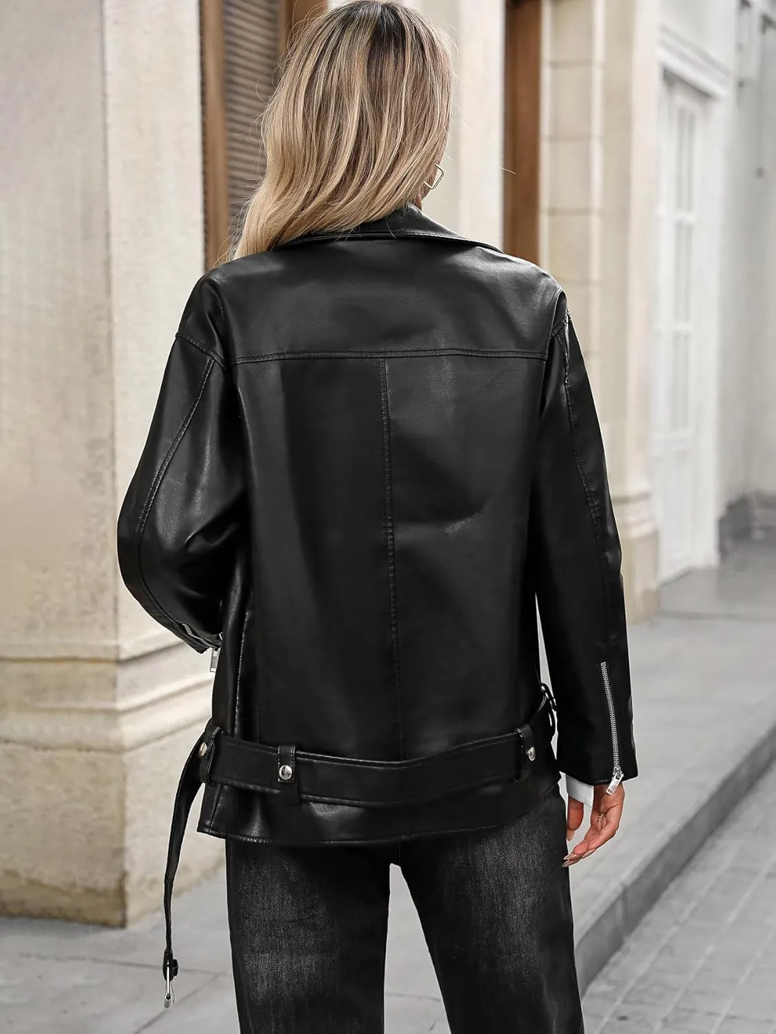 LY VAREY LIN Women Faux Leather Jacket Lapel Collar Motorcycle Zip Up Long Sleeve Motor Biker Short Coat Jacket