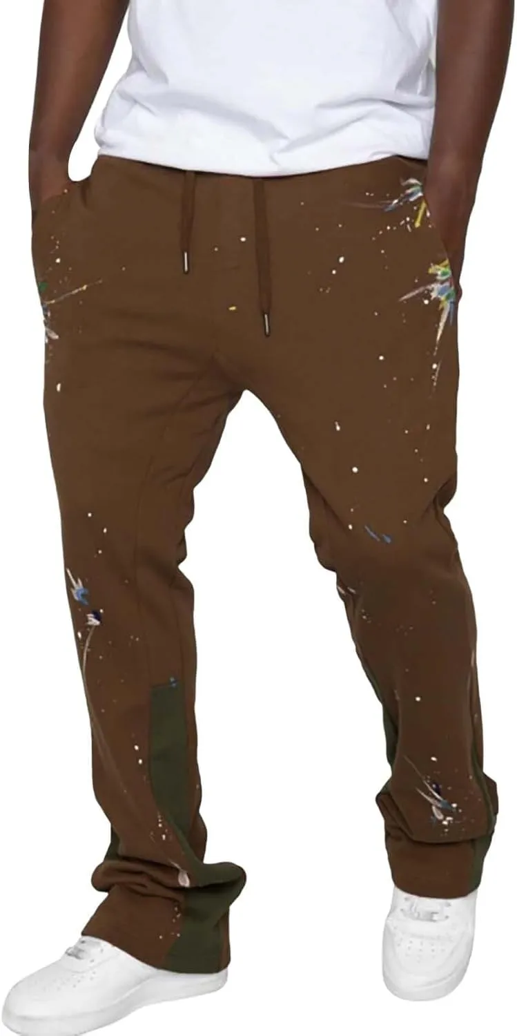 Mens Stacked Flared Jogger Sweatpants Patchwork Casual Y2K Wide Leg Track Pants Hippie Printed Bell Bottom Pants