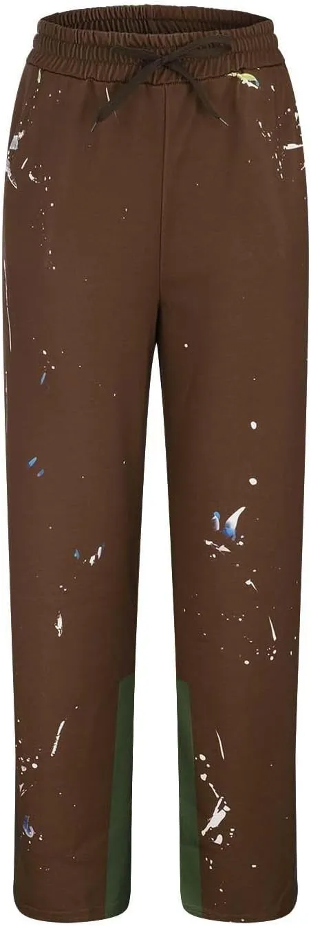 Mens Stacked Flared Jogger Sweatpants Patchwork Casual Y2K Wide Leg Track Pants Hippie Printed Bell Bottom Pants