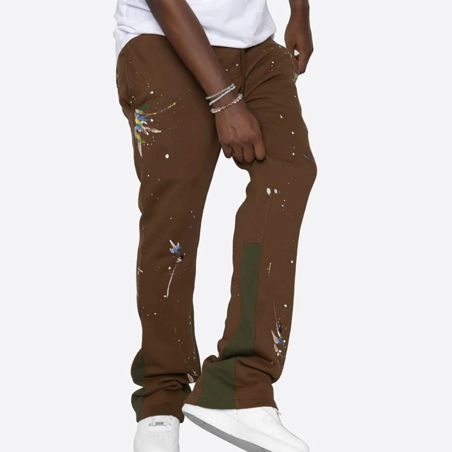 Mens Stacked Flared Jogger Sweatpants Patchwork Casual Y2K Wide Leg Track Pants Hippie Printed Bell Bottom Pants