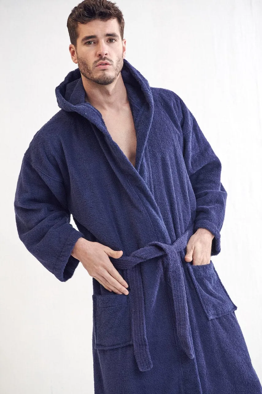 Men's Terry Cloth Hooded Bathrobe, Luxury Soft Cotton Turkish & Comfort, (Navy)