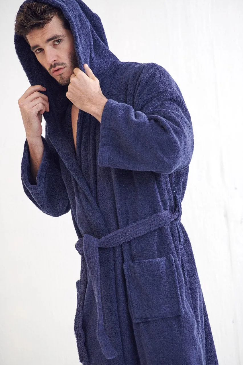 Men's Terry Cloth Hooded Bathrobe, Luxury Soft Cotton Turkish & Comfort, (Navy)