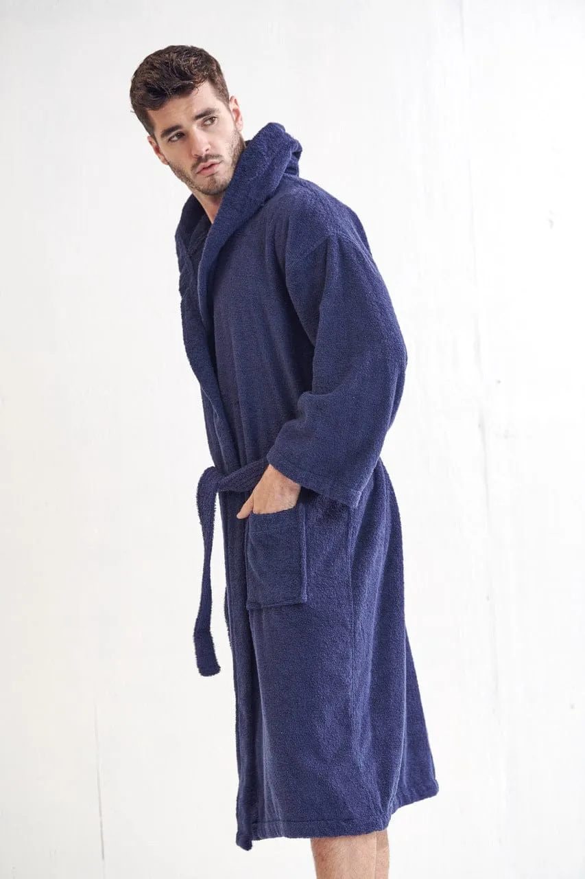 Men's Terry Cloth Hooded Bathrobe, Luxury Soft Cotton Turkish & Comfort, (Navy)