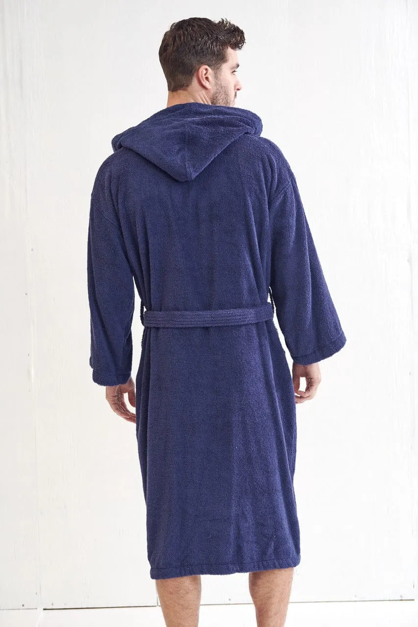 Men's Terry Cloth Hooded Bathrobe, Luxury Soft Cotton Turkish & Comfort, (Navy)