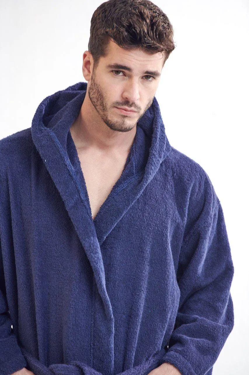 Men's Terry Cloth Hooded Bathrobe, Luxury Soft Cotton Turkish & Comfort, (Navy)