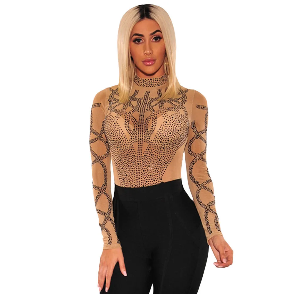 Mesh Hollow Rhinestone High-Neck Long-Sleeved Bodysuit